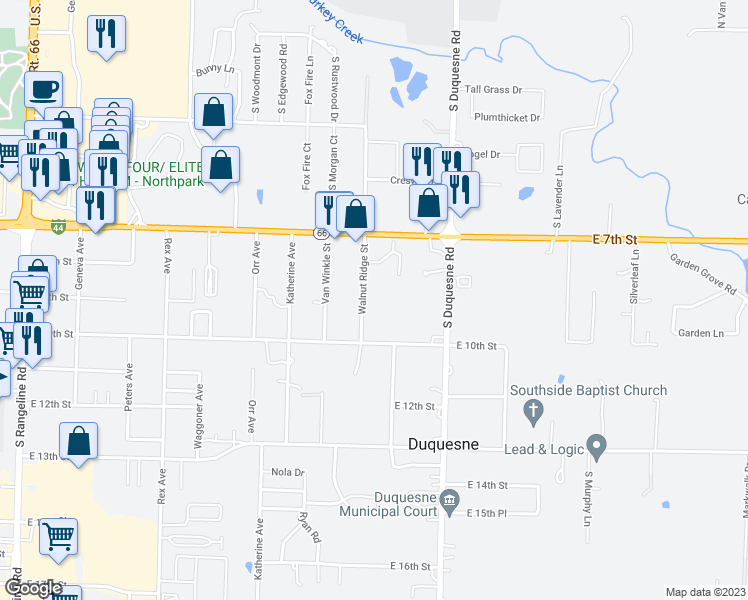 map of restaurants, bars, coffee shops, grocery stores, and more near 901 Walnut Ridge Street in Joplin