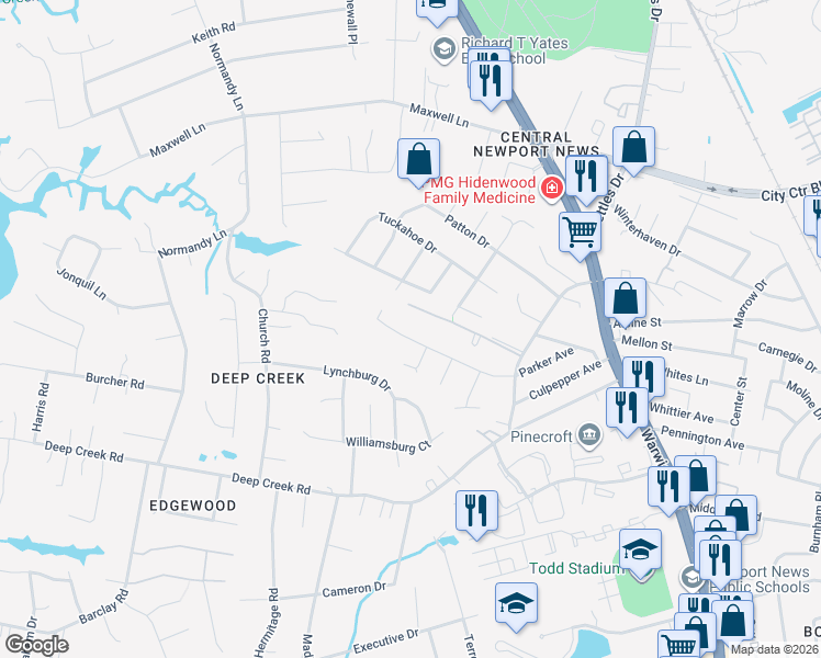 map of restaurants, bars, coffee shops, grocery stores, and more near 137 Parker Avenue in Newport News
