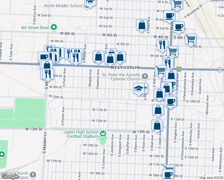 map of restaurants, bars, coffee shops, grocery stores, and more near 905 South Connor Avenue in Joplin