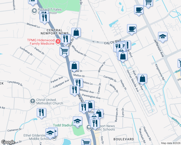 map of restaurants, bars, coffee shops, grocery stores, and more near 22 Alpine Street in Newport News