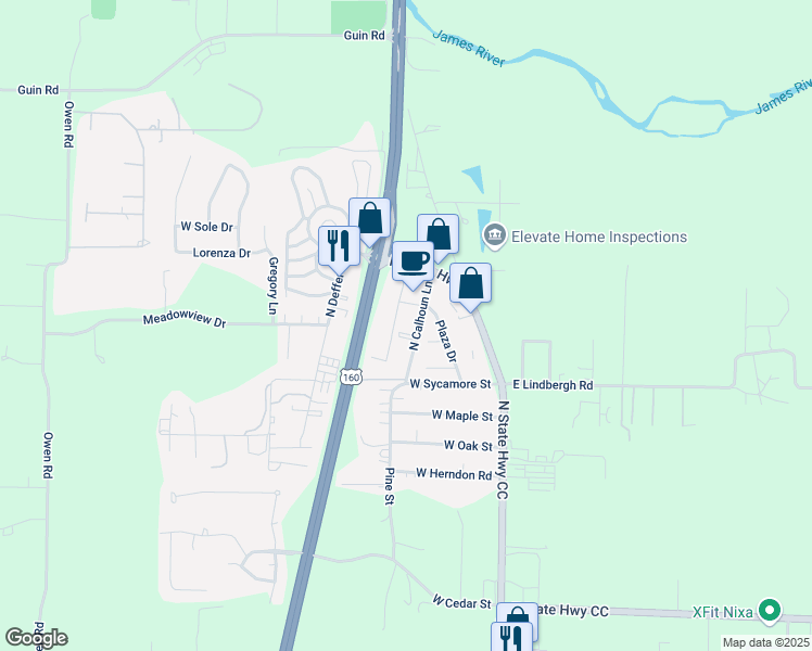 map of restaurants, bars, coffee shops, grocery stores, and more near 207 Village Court in Nixa