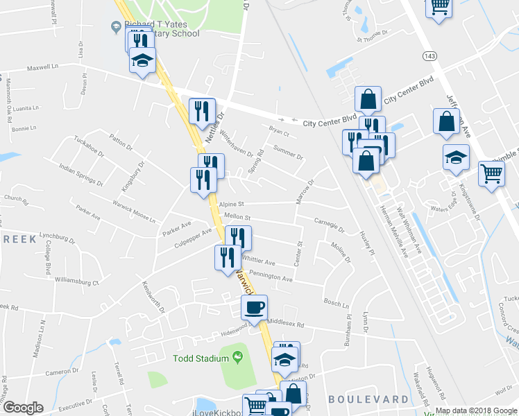 map of restaurants, bars, coffee shops, grocery stores, and more near 16 Alpine Street in Newport News