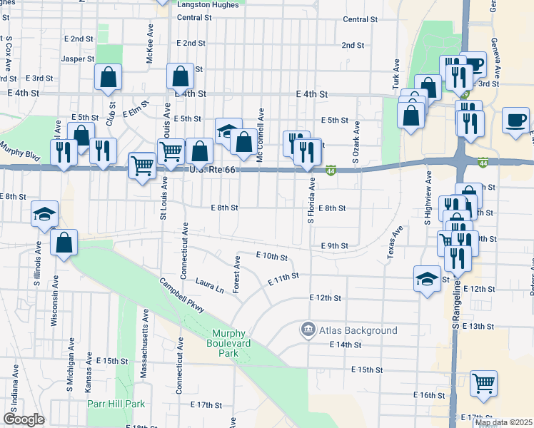 map of restaurants, bars, coffee shops, grocery stores, and more near 2306 East 8th Street in Joplin