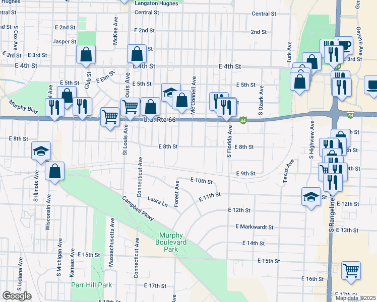 map of restaurants, bars, coffee shops, grocery stores, and more near 2216 East 8th Street in Joplin