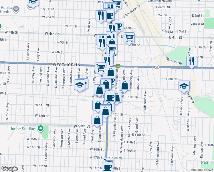 map of restaurants, bars, coffee shops, grocery stores, and more near 100-198 E 9th St in Joplin