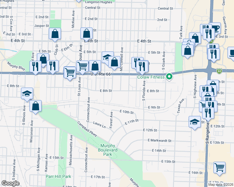 map of restaurants, bars, coffee shops, grocery stores, and more near 2216 East 8th Street in Joplin