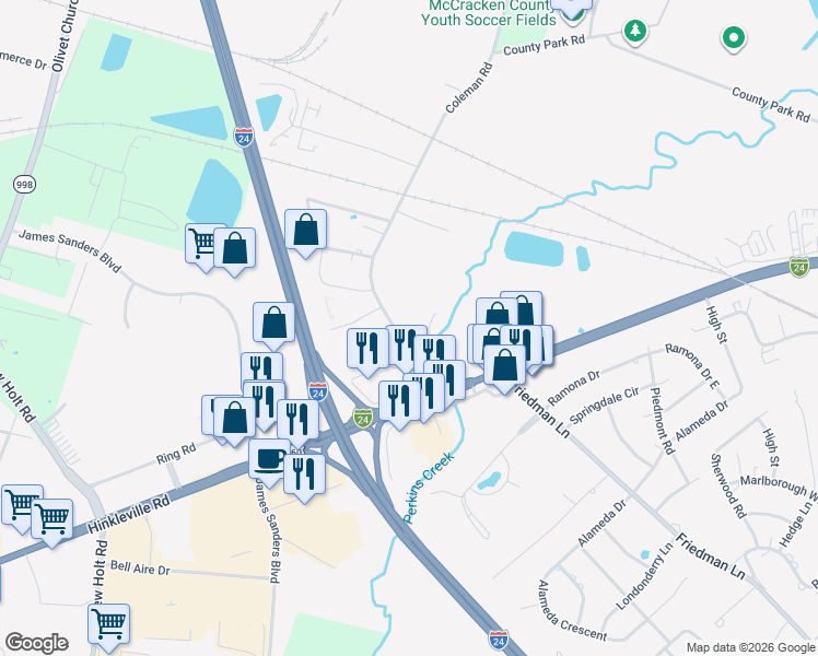 map of restaurants, bars, coffee shops, grocery stores, and more near 3204 Coleman Road in Paducah