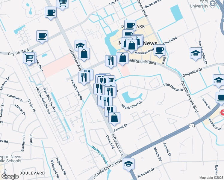 map of restaurants, bars, coffee shops, grocery stores, and more near 16 Wreck Shoal Drive in Newport News