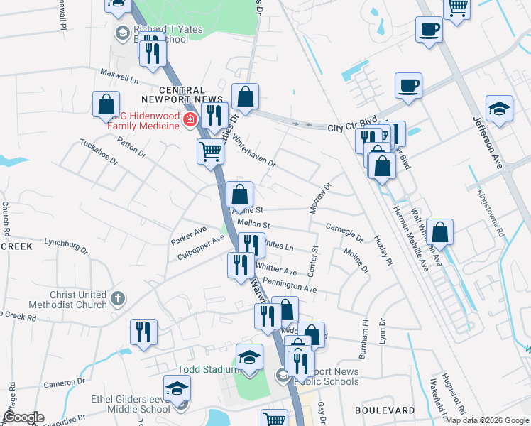 map of restaurants, bars, coffee shops, grocery stores, and more near 7D Mellon Street in Newport News