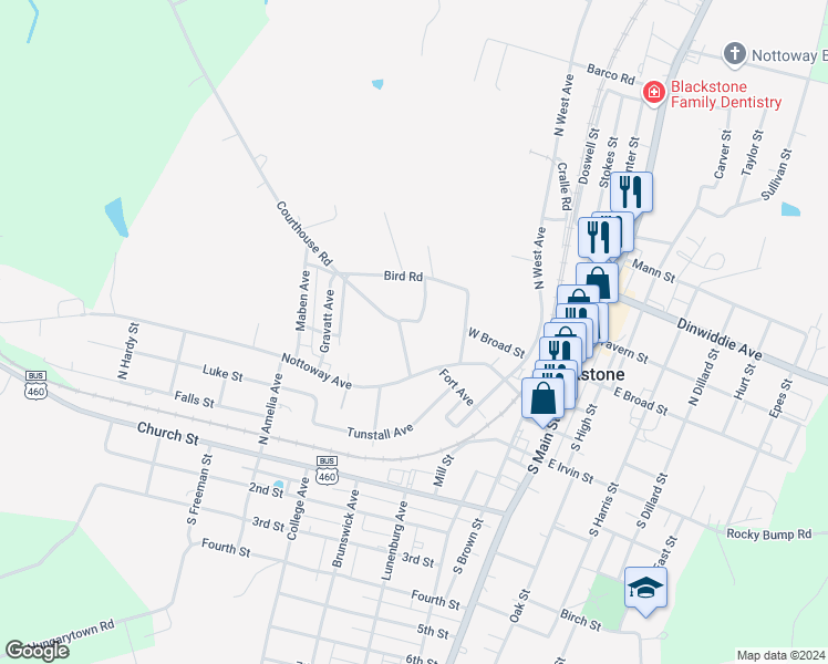 map of restaurants, bars, coffee shops, grocery stores, and more near 110 Courthouse Road in Blackstone