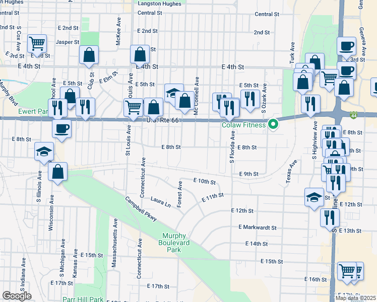 map of restaurants, bars, coffee shops, grocery stores, and more near 2216 East 8th Street in Joplin