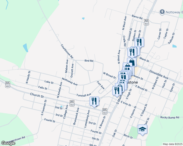 map of restaurants, bars, coffee shops, grocery stores, and more near 110 Courthouse Road in Blackstone