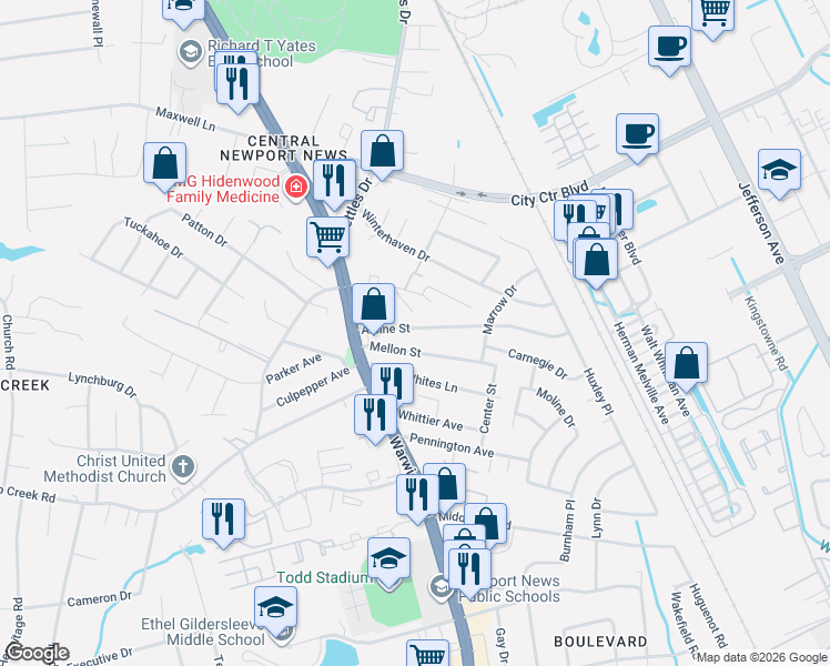 map of restaurants, bars, coffee shops, grocery stores, and more near 7D Mellon Street in Newport News