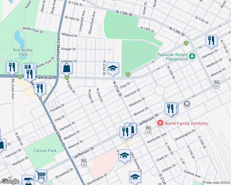 map of restaurants, bars, coffee shops, grocery stores, and more near 2110 Clay Street in Paducah
