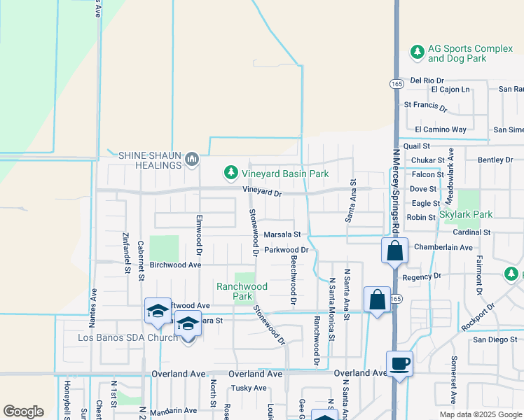 map of restaurants, bars, coffee shops, grocery stores, and more near 661 Woodbridge Court in Los Banos