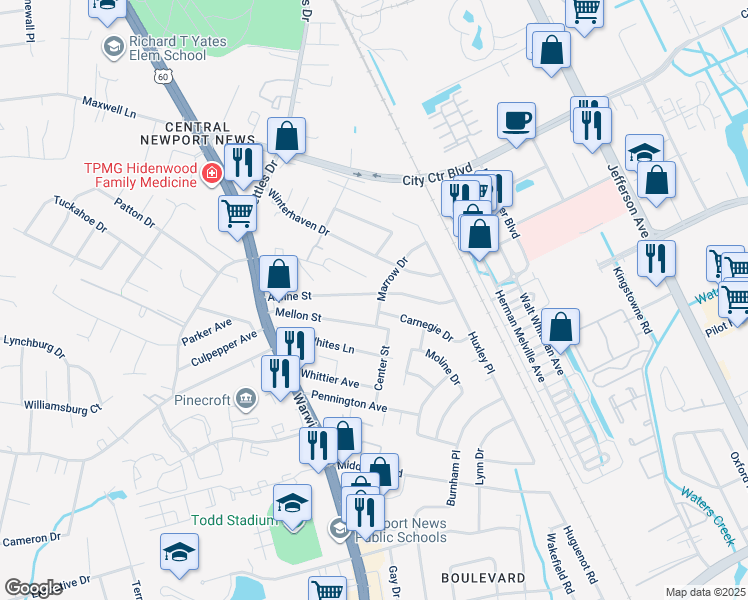 map of restaurants, bars, coffee shops, grocery stores, and more near 2531 Marrow Drive in Newport News