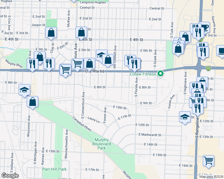 map of restaurants, bars, coffee shops, grocery stores, and more near 2216 East 8th Street in Joplin
