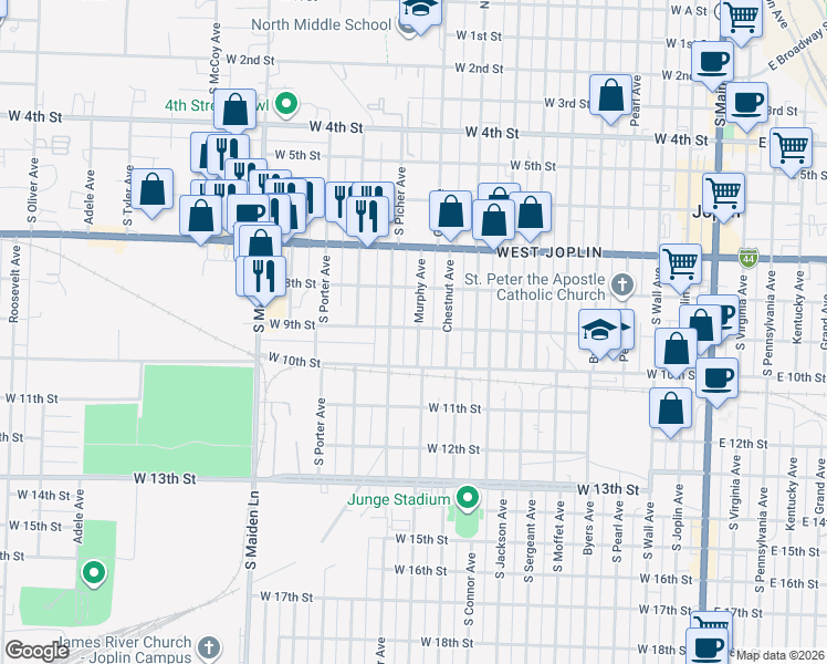 map of restaurants, bars, coffee shops, grocery stores, and more near 1102 West 9th Street in Joplin