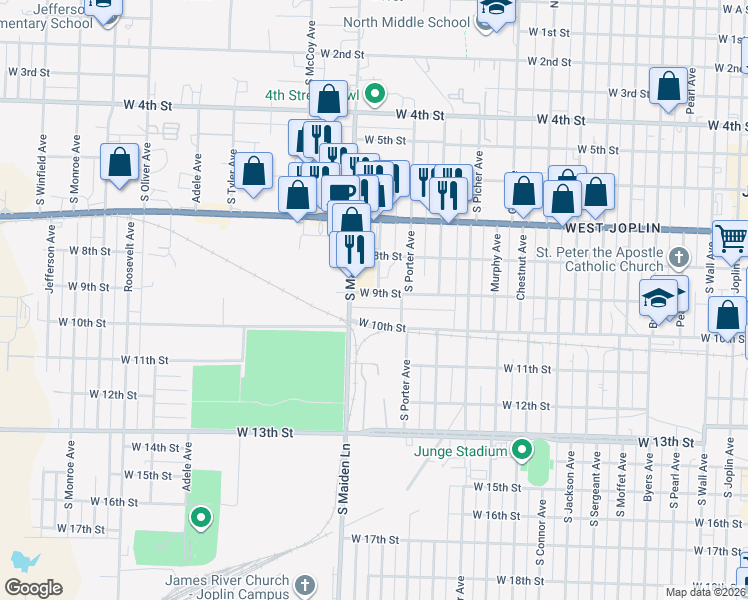 map of restaurants, bars, coffee shops, grocery stores, and more near 1420 West 9th Street in Joplin