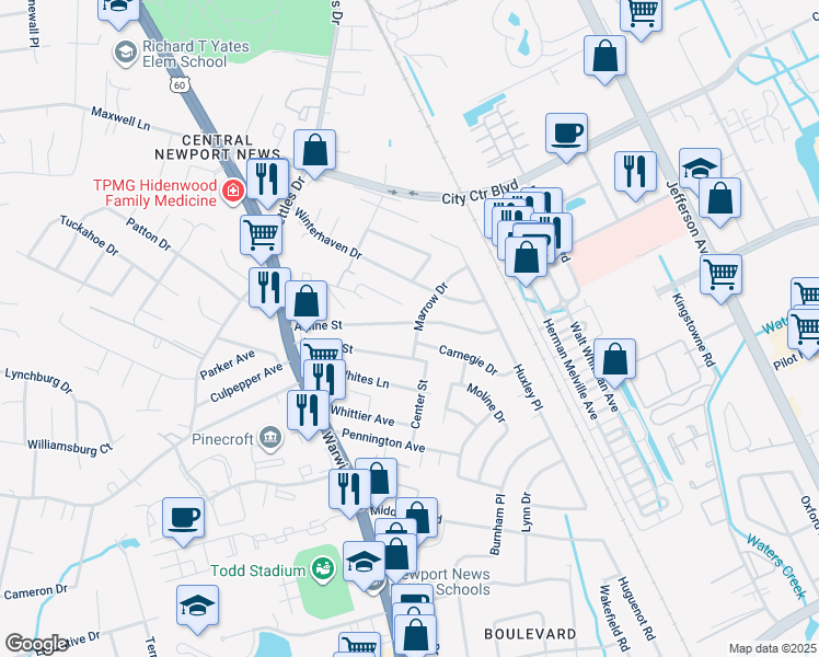 map of restaurants, bars, coffee shops, grocery stores, and more near 2531 Marrow Drive in Newport News