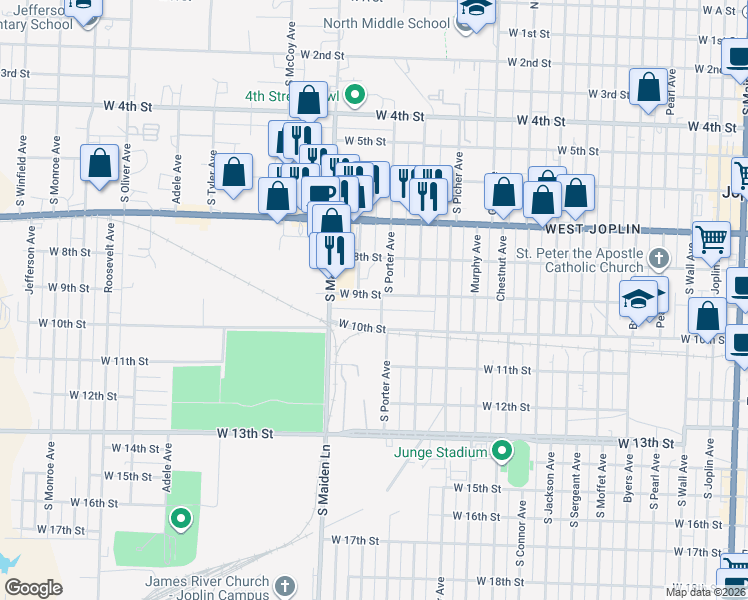 map of restaurants, bars, coffee shops, grocery stores, and more near 1420 West 9th Street in Joplin