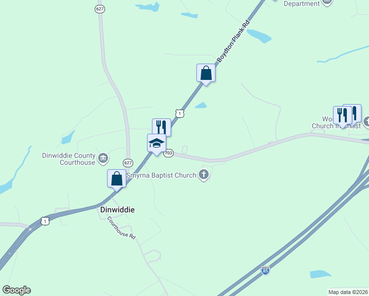 map of restaurants, bars, coffee shops, grocery stores, and more near 14034 Carson Road in Dinwiddie
