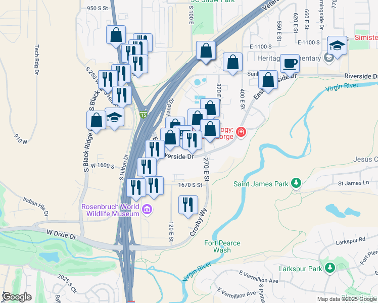 map of restaurants, bars, coffee shops, grocery stores, and more near 181 East Riverside Drive in St. George