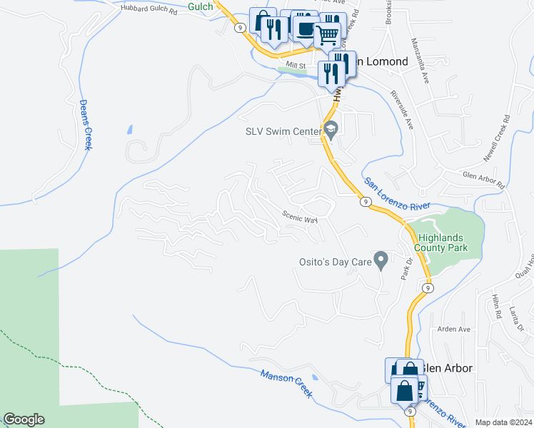 map of restaurants, bars, coffee shops, grocery stores, and more near 954 Scenic Way in Ben Lomond