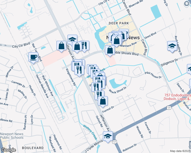 map of restaurants, bars, coffee shops, grocery stores, and more near 619 Pilot House Drive in Newport News