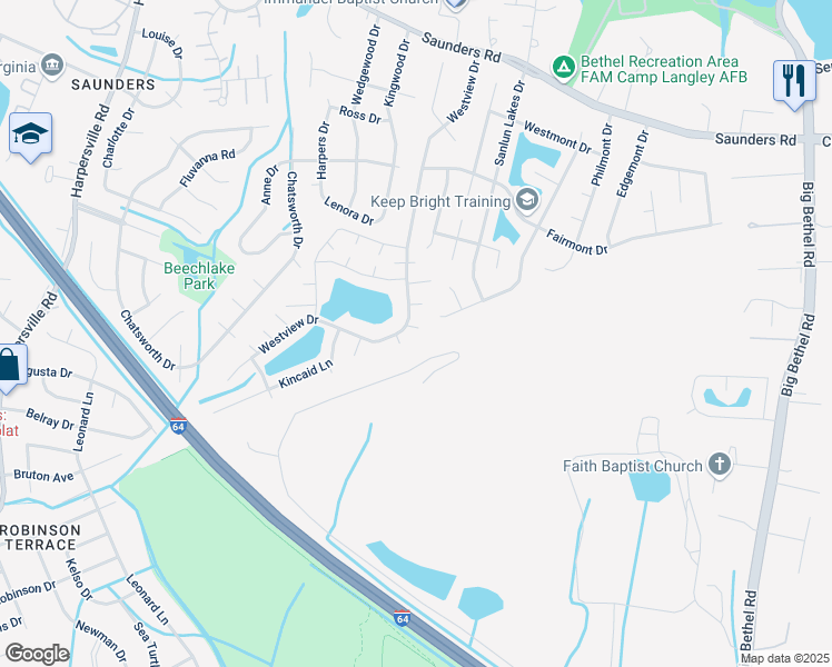 map of restaurants, bars, coffee shops, grocery stores, and more near 3 Mallard Court in Hampton
