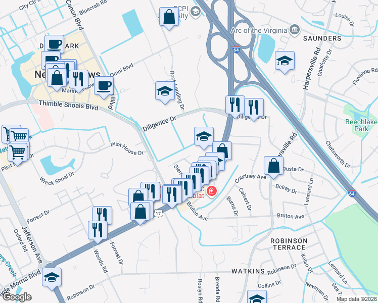 map of restaurants, bars, coffee shops, grocery stores, and more near 766 Pueblo Road in Newport News