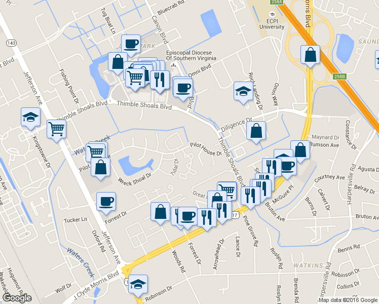 map of restaurants, bars, coffee shops, grocery stores, and more near 760 Pilot House Drive in Newport News