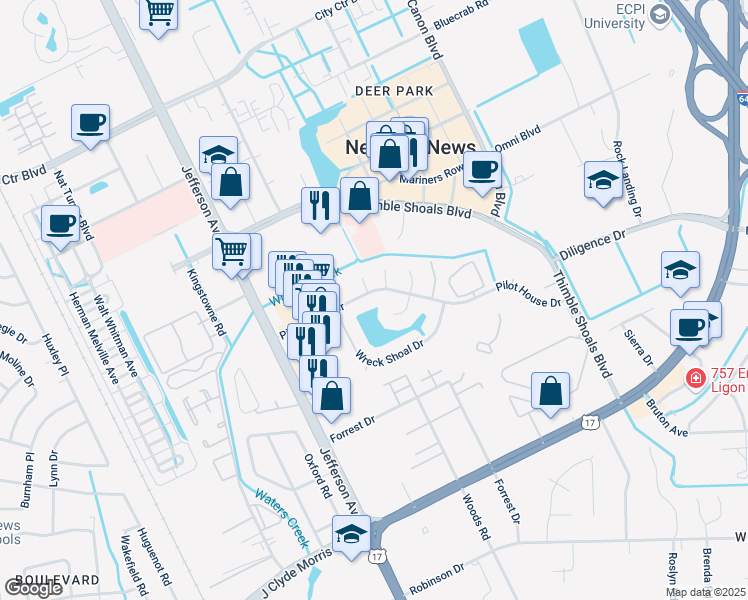 map of restaurants, bars, coffee shops, grocery stores, and more near in Newport News