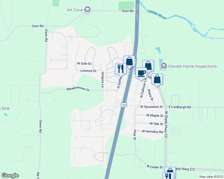 map of restaurants, bars, coffee shops, grocery stores, and more near 624-626 Meadowview Drive in Nixa