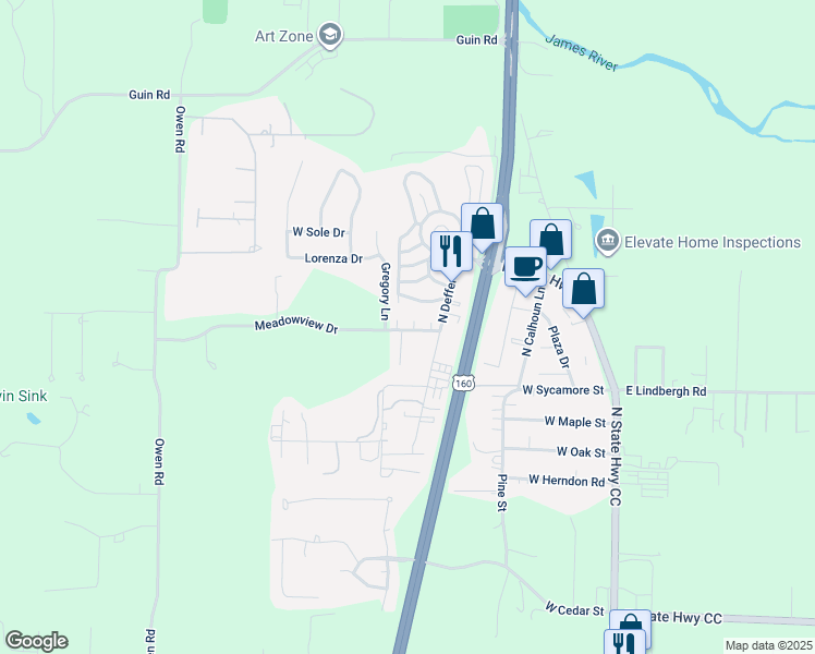map of restaurants, bars, coffee shops, grocery stores, and more near 624-626 Meadowview Drive in Nixa