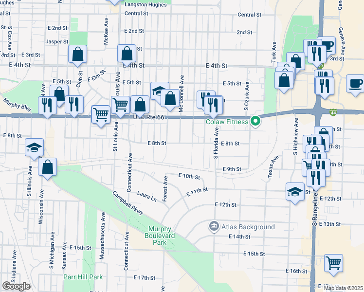map of restaurants, bars, coffee shops, grocery stores, and more near 2216 East 8th Street in Joplin