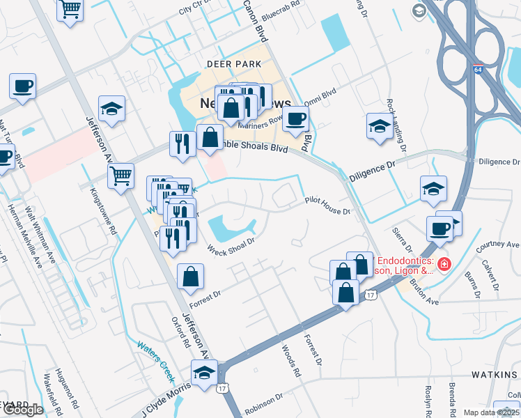 map of restaurants, bars, coffee shops, grocery stores, and more near Pilot House Drive in Newport News