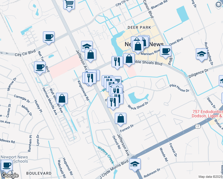 map of restaurants, bars, coffee shops, grocery stores, and more near 619 Pilot House Drive in Newport News