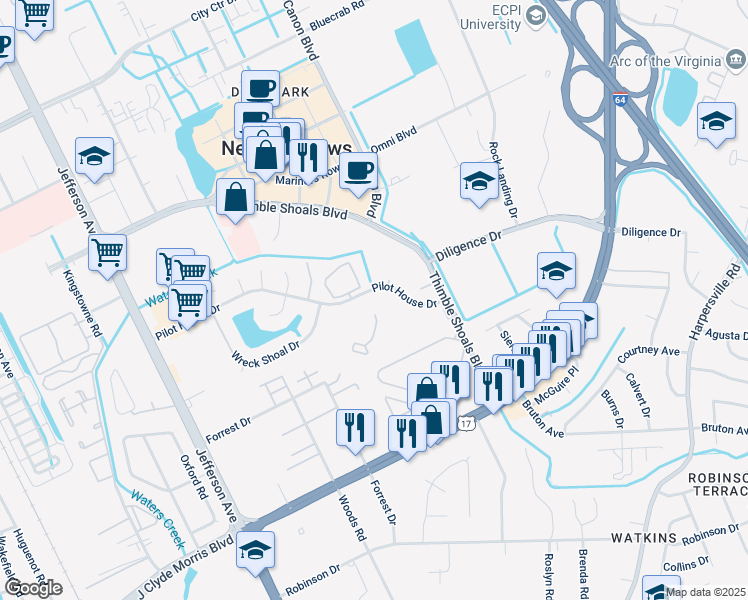 map of restaurants, bars, coffee shops, grocery stores, and more near 392 Nantucket Place in Newport News