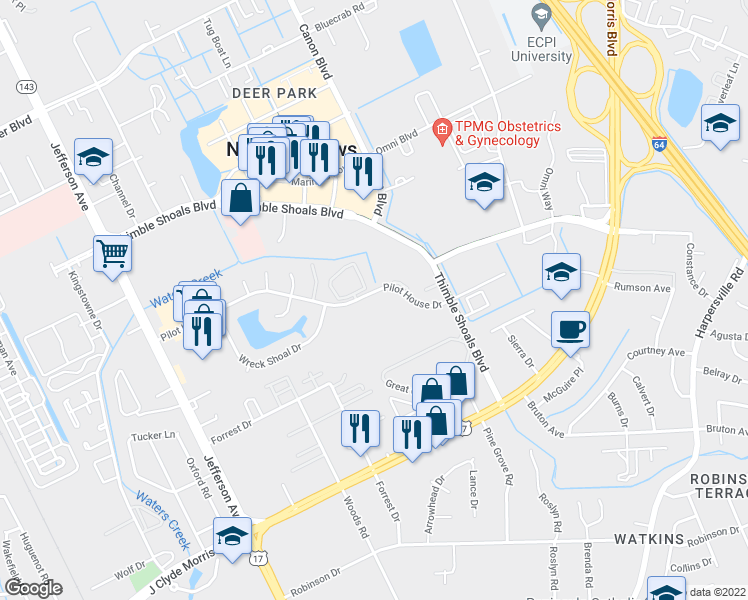 map of restaurants, bars, coffee shops, grocery stores, and more near 410 Nantucket Place in Newport News