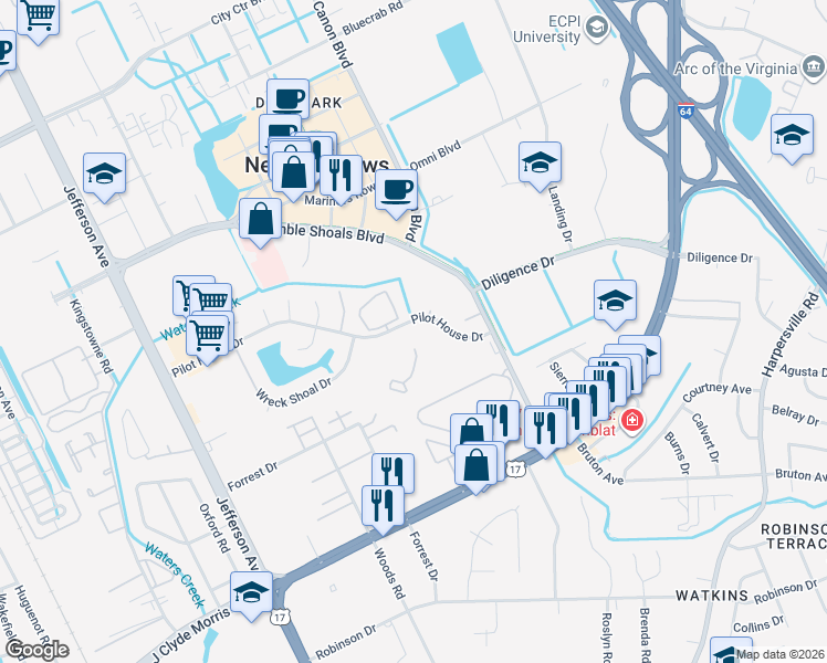map of restaurants, bars, coffee shops, grocery stores, and more near 760 Pilot House Drive in Newport News