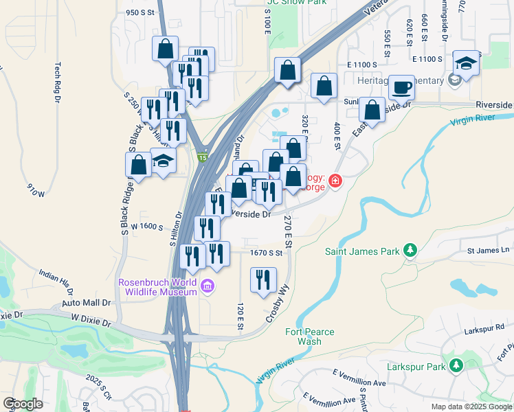 map of restaurants, bars, coffee shops, grocery stores, and more near 181 East Riverside Drive in St. George
