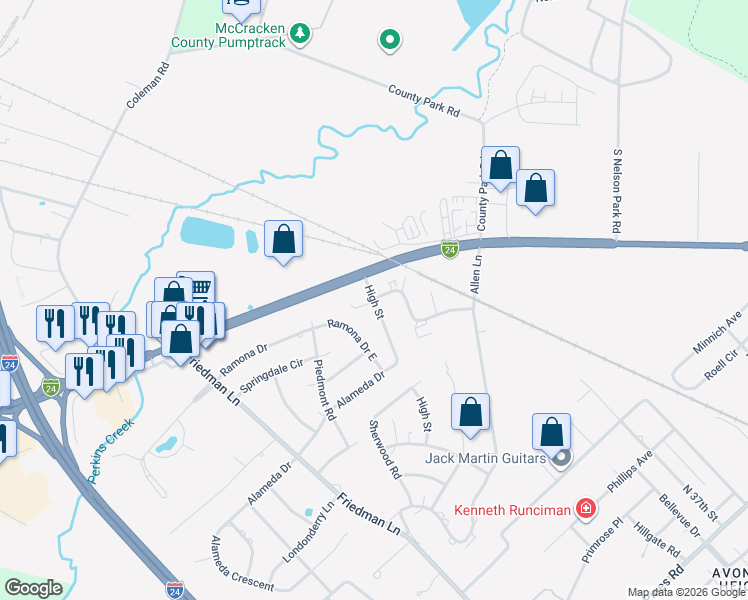 map of restaurants, bars, coffee shops, grocery stores, and more near 1373 High St in Paducah