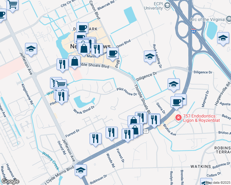 map of restaurants, bars, coffee shops, grocery stores, and more near 408 Nantucket Place in Newport News