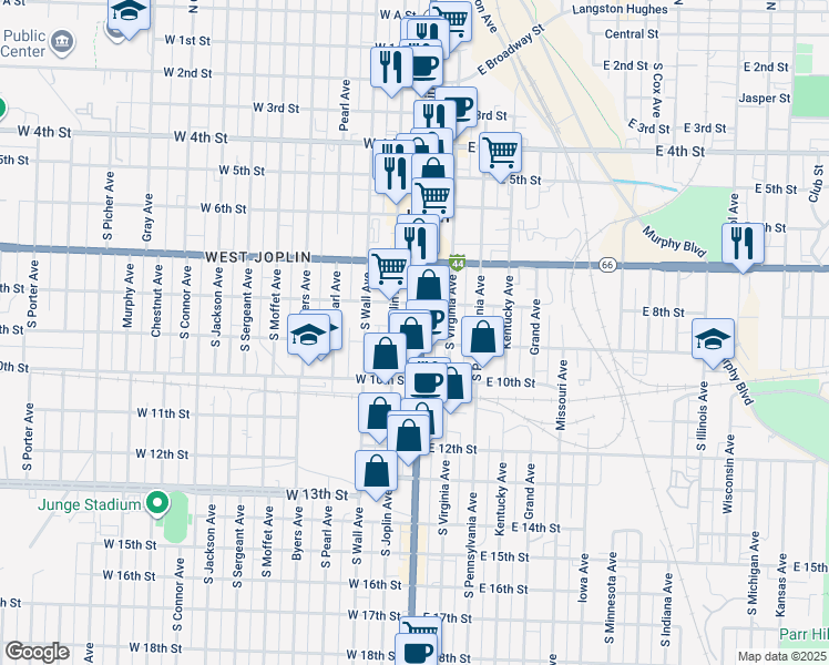 map of restaurants, bars, coffee shops, grocery stores, and more near 100-198 E 9th St in Joplin
