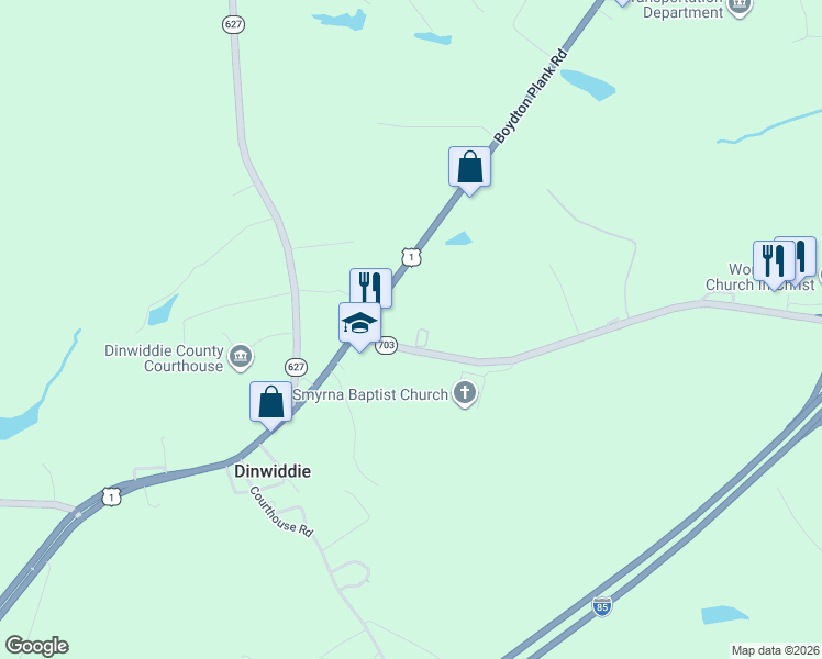 map of restaurants, bars, coffee shops, grocery stores, and more near 14034 Carson Road in Dinwiddie