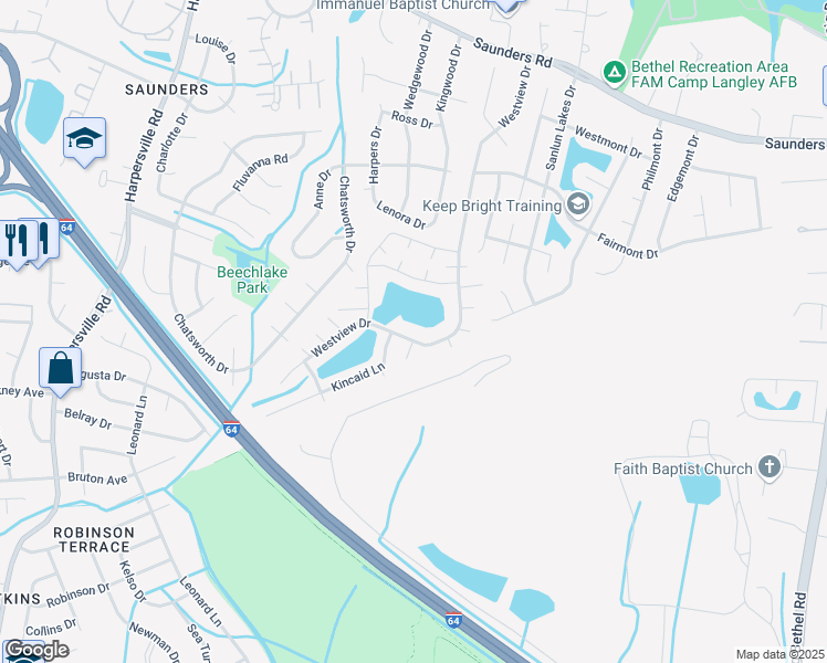 map of restaurants, bars, coffee shops, grocery stores, and more near 160 Westview Drive in Hampton