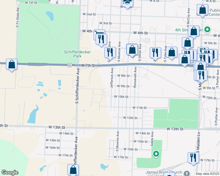 map of restaurants, bars, coffee shops, grocery stores, and more near 908 Jefferson Avenue in Joplin