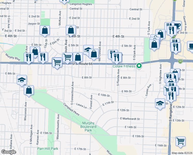 map of restaurants, bars, coffee shops, grocery stores, and more near 2216 East 8th Street in Joplin