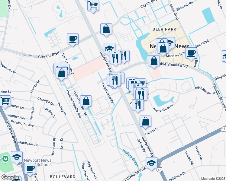 map of restaurants, bars, coffee shops, grocery stores, and more near 11739 Jefferson Avenue in Newport News